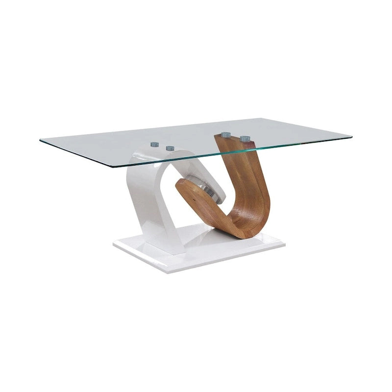 Table basse contemporaine blanche et naturelle de 119 cm avec plateau en verre