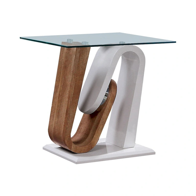 Table basse contemporaine blanche et naturelle de 119 cm avec plateau en verre