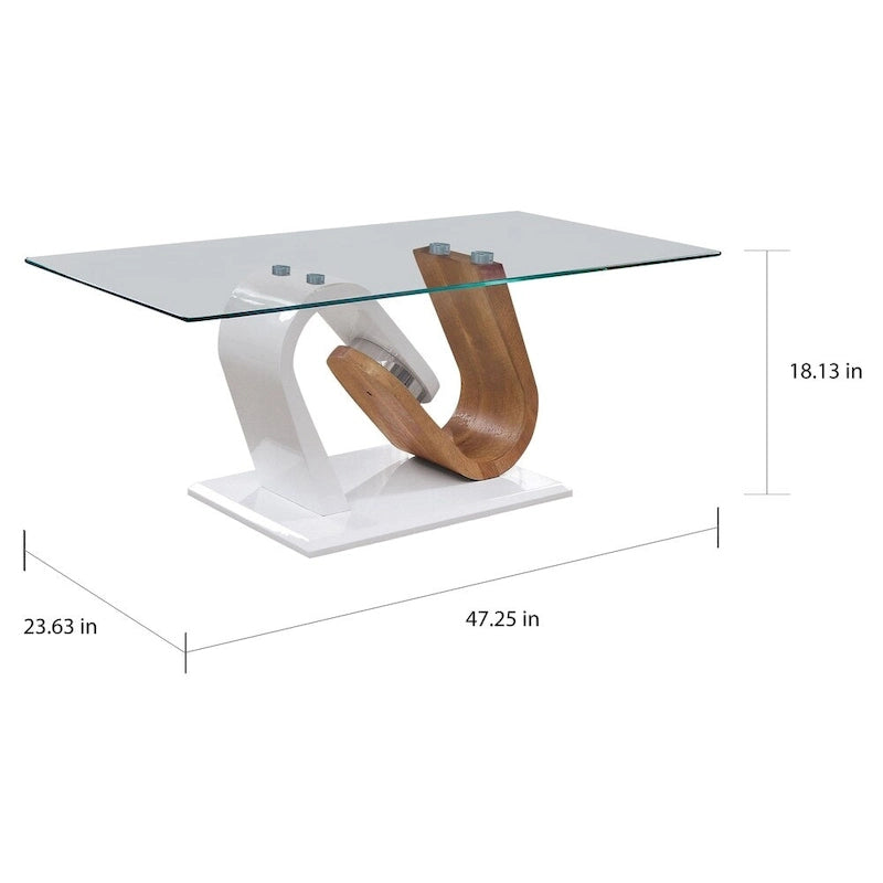 Table basse contemporaine blanche et naturelle de 119 cm avec plateau en verre