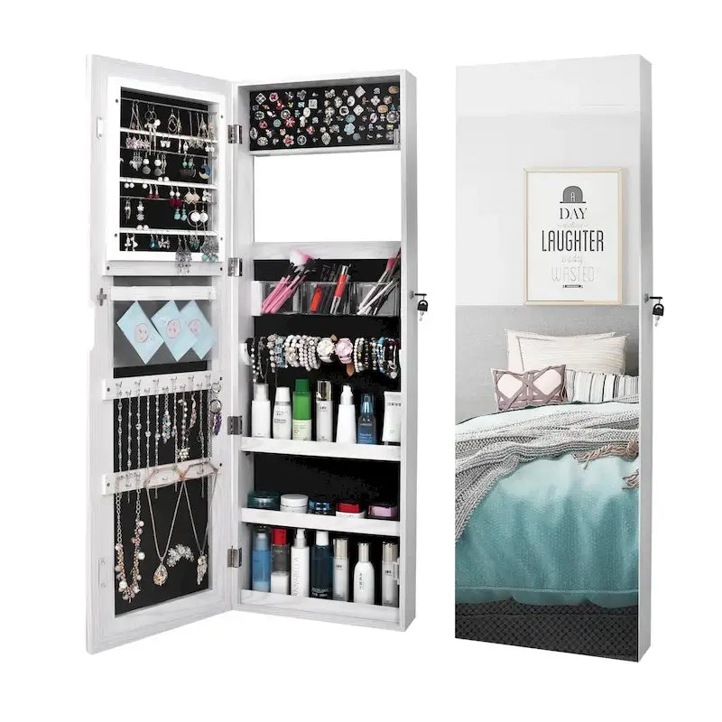 Armoire à bijoux miroir sur pied revêtement PVC grain de bois