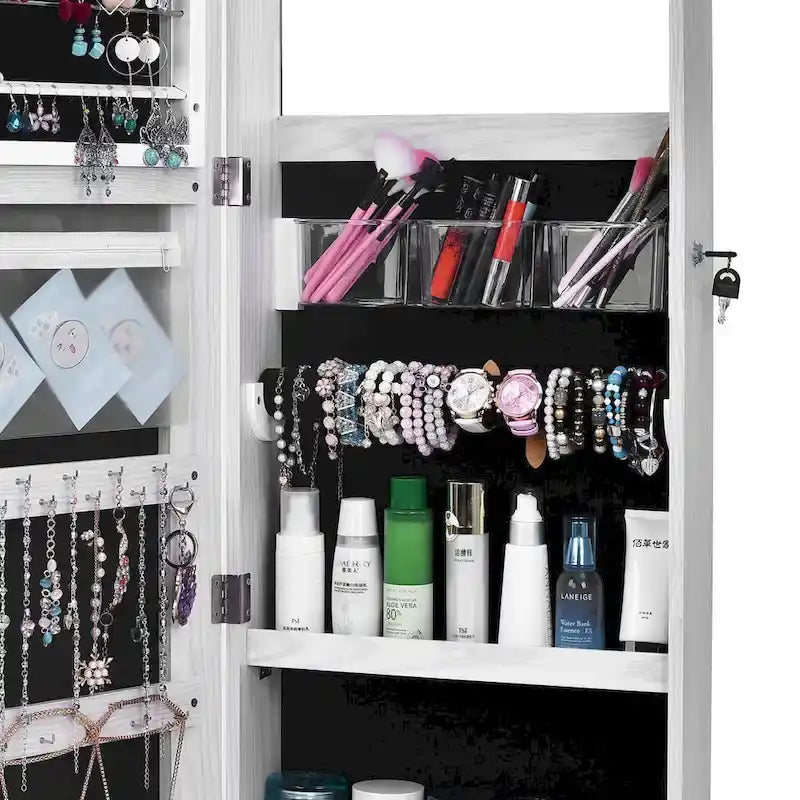 Armoire à bijoux miroir sur pied revêtement PVC grain de bois