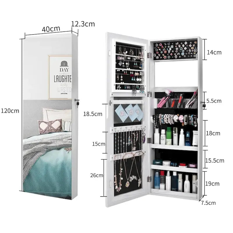 Armoire à bijoux miroir sur pied revêtement PVC grain de bois
