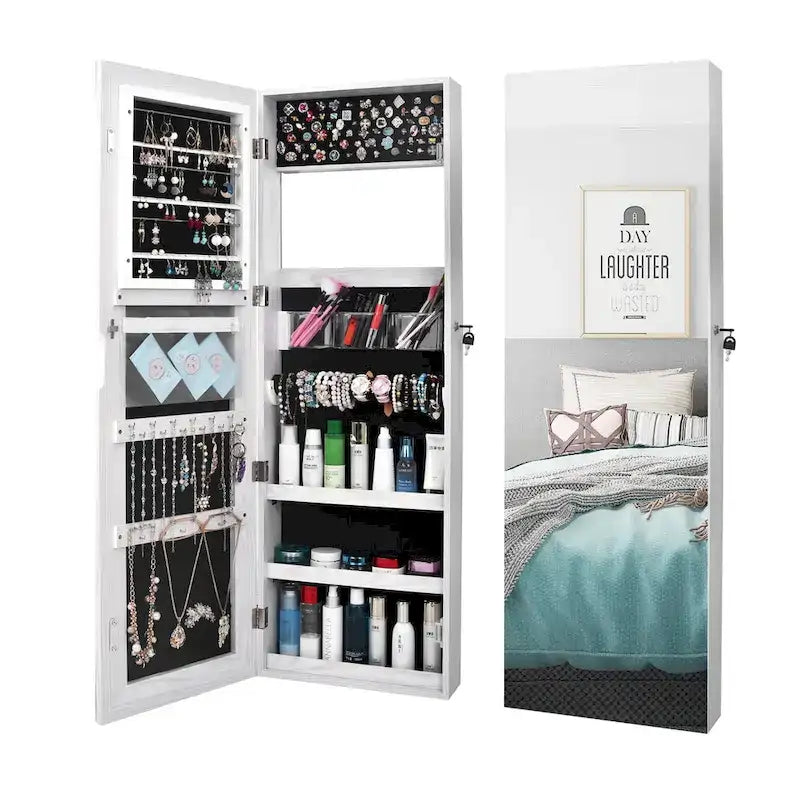 Armoire à bijoux miroir sur pied revêtement PVC grain de bois