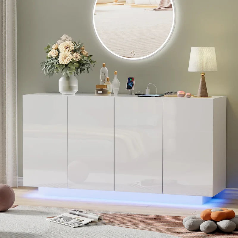 Meuble Buffet de Rangement, Bar Lumineux LED, Portes Haute Brillance pour Chambre, Salon