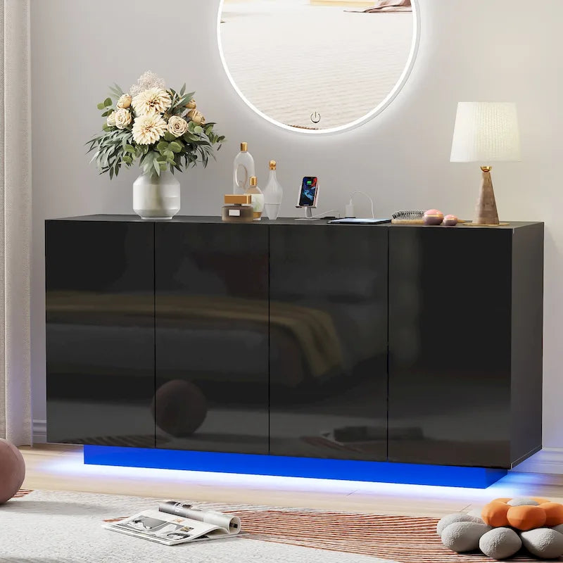 Meuble Buffet de Rangement, Bar Lumineux LED, Portes Haute Brillance pour Chambre, Salon