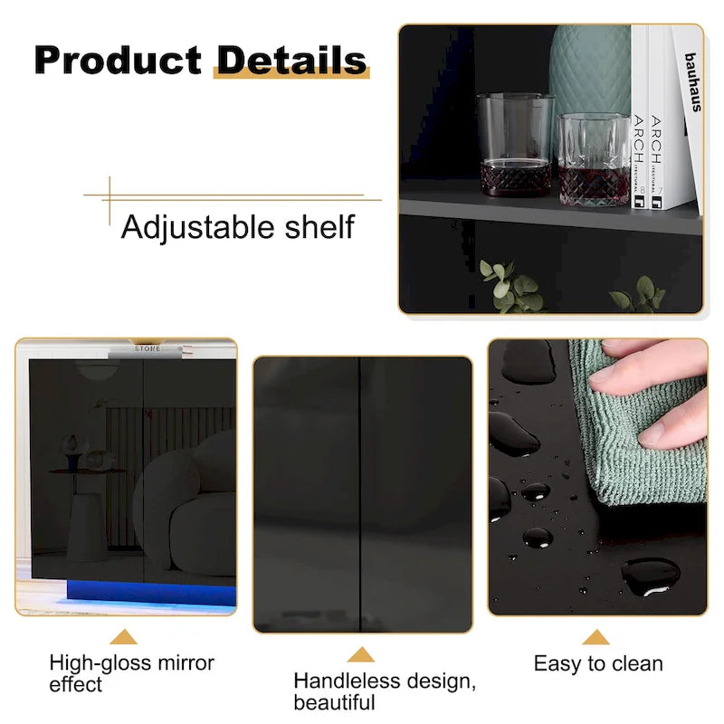 Meuble Buffet de Rangement, Bar Lumineux LED, Portes Haute Brillance pour Chambre, Salon