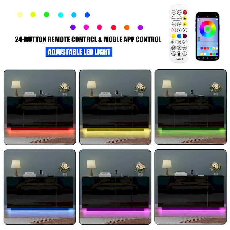 Meuble Buffet de Rangement, Bar Lumineux LED, Portes Haute Brillance pour Chambre, Salon
