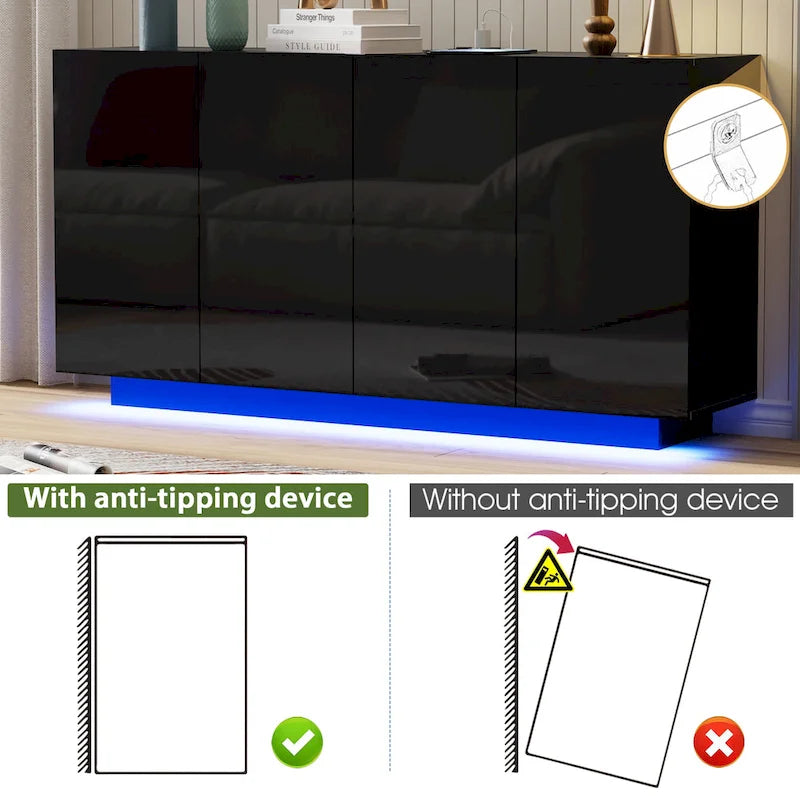 Meuble Buffet de Rangement, Bar Lumineux LED, Portes Haute Brillance pour Chambre, Salon