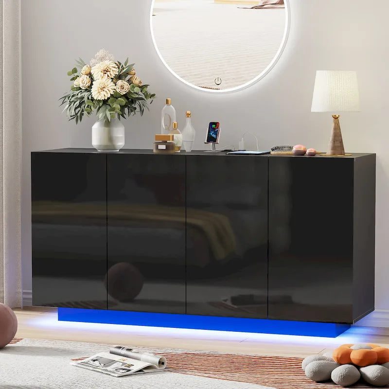 Meuble Buffet de Rangement, Bar Lumineux LED, Portes Haute Brillance pour Chambre, Salon