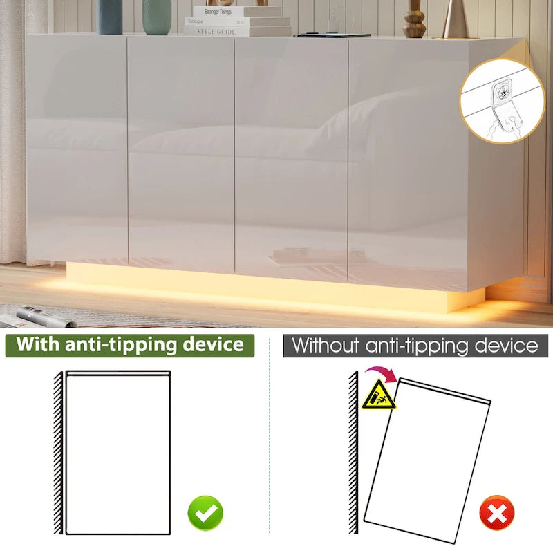 Meuble Buffet de Rangement, Bar Lumineux LED, Portes Haute Brillance pour Chambre, Salon