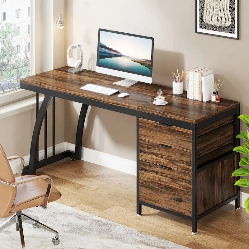 Bureau d'ordinateur/table d'écriture en bois et métal de 150 cm avec 3 tiroirs réversibles