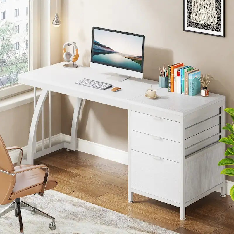 Bureau d'ordinateur/table d'écriture en bois et métal de 150 cm avec 3 tiroirs réversibles