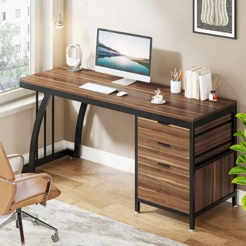 Bureau d'ordinateur/table d'écriture en bois et métal de 150 cm avec 3 tiroirs réversibles