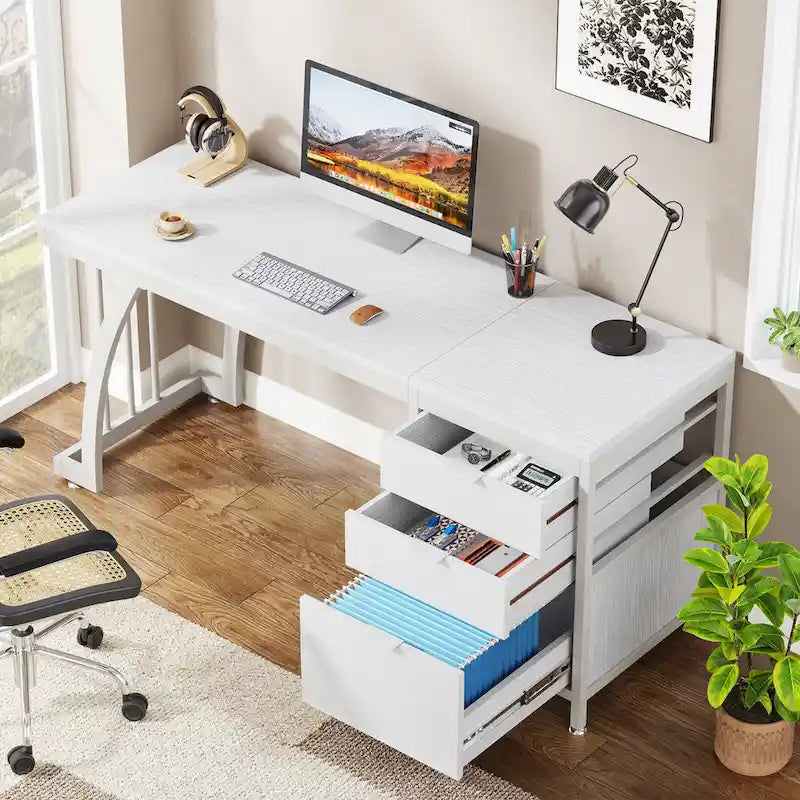 Bureau d'ordinateur/table d'écriture en bois et métal de 150 cm avec 3 tiroirs réversibles