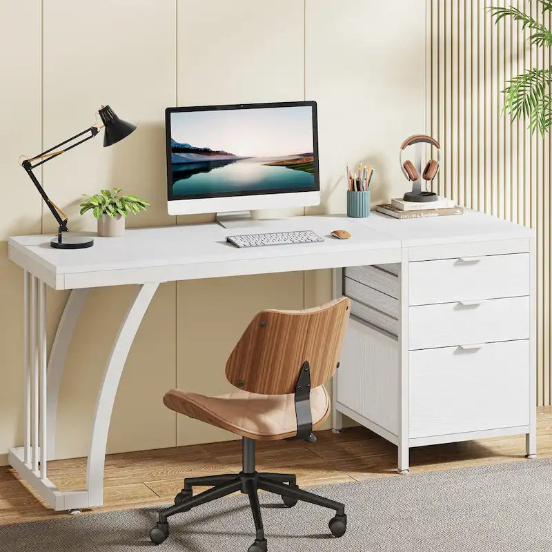 Bureau d'ordinateur/table d'écriture en bois et métal de 150 cm avec 3 tiroirs réversibles