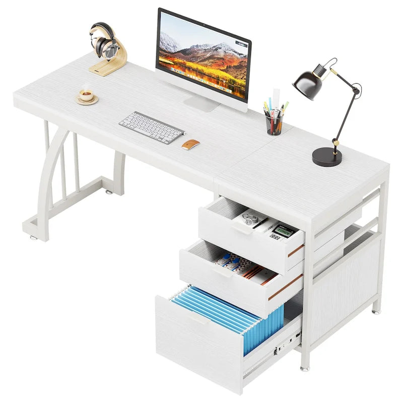 Bureau d'ordinateur/table d'écriture en bois et métal de 150 cm avec 3 tiroirs réversibles
