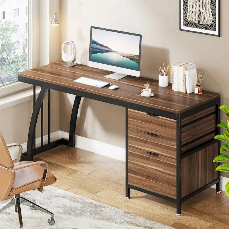 Bureau d'ordinateur/table d'écriture en bois et métal de 150 cm avec 3 tiroirs réversibles