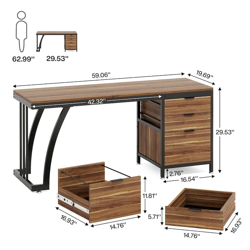 Bureau d'ordinateur/table d'écriture en bois et métal de 150 cm avec 3 tiroirs réversibles