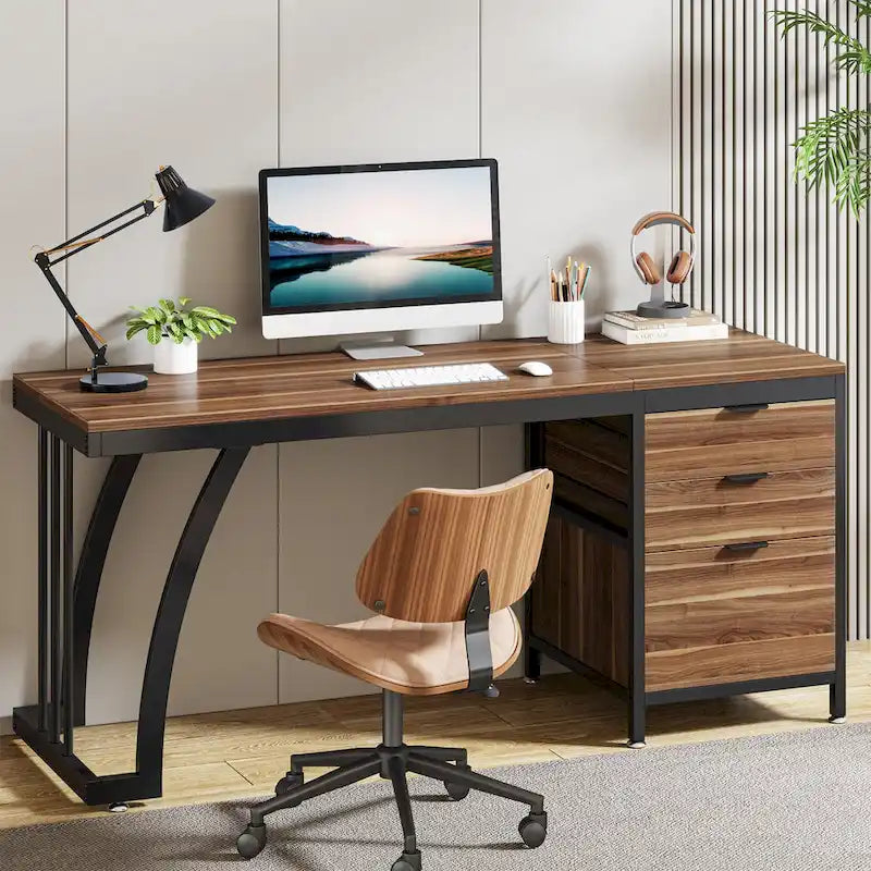 Bureau d'ordinateur/table d'écriture en bois et métal de 150 cm avec 3 tiroirs réversibles