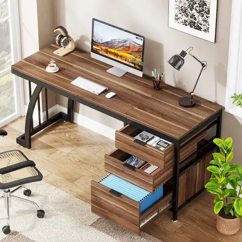 Bureau d'ordinateur/table d'écriture en bois et métal de 150 cm avec 3 tiroirs réversibles