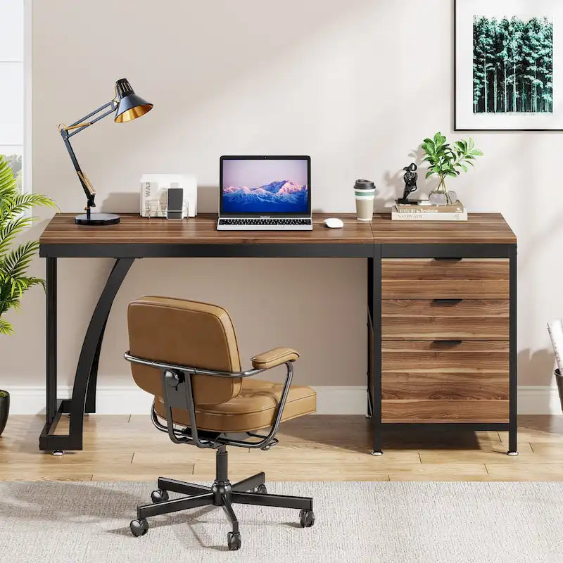 Bureau d'ordinateur/table d'écriture en bois et métal de 150 cm avec 3 tiroirs réversibles