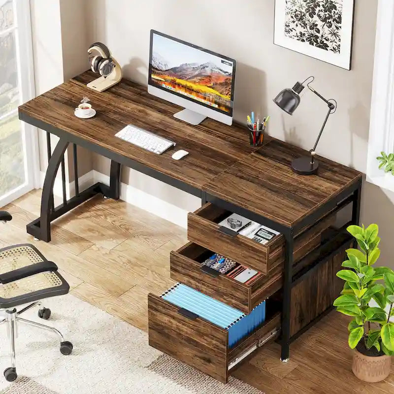 Bureau d'ordinateur/table d'écriture en bois et métal de 150 cm avec 3 tiroirs réversibles