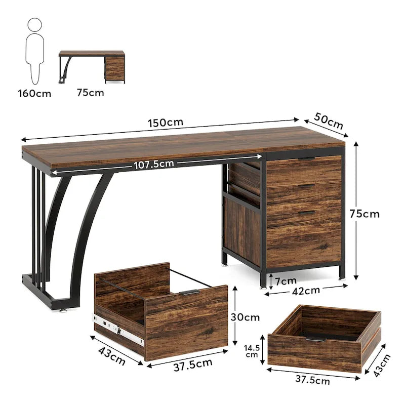 Bureau d'ordinateur/table d'écriture en bois et métal de 150 cm avec 3 tiroirs réversibles