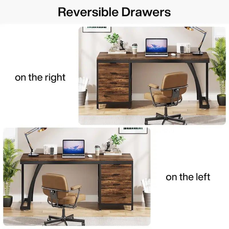 Bureau d'ordinateur/table d'écriture en bois et métal de 150 cm avec 3 tiroirs réversibles