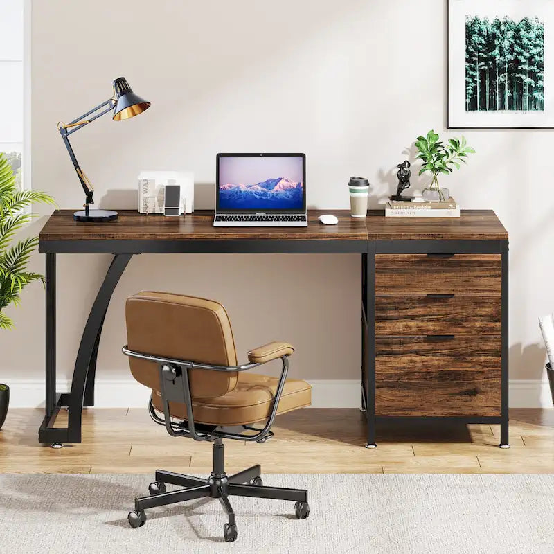 Bureau d'ordinateur/table d'écriture en bois et métal de 150 cm avec 3 tiroirs réversibles