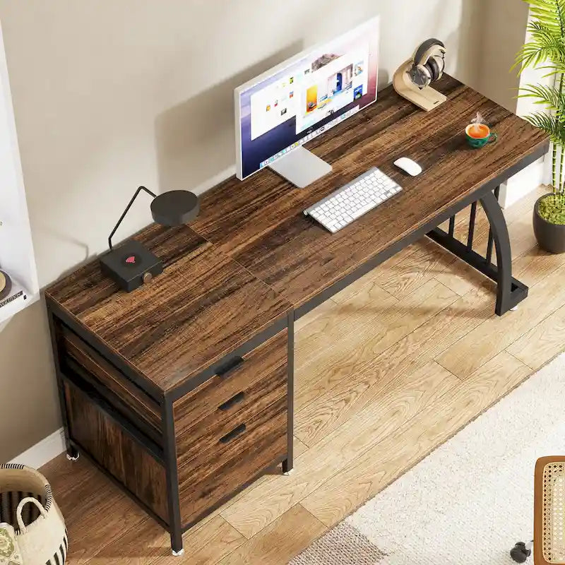 Bureau d'ordinateur/table d'écriture en bois et métal de 150 cm avec 3 tiroirs réversibles