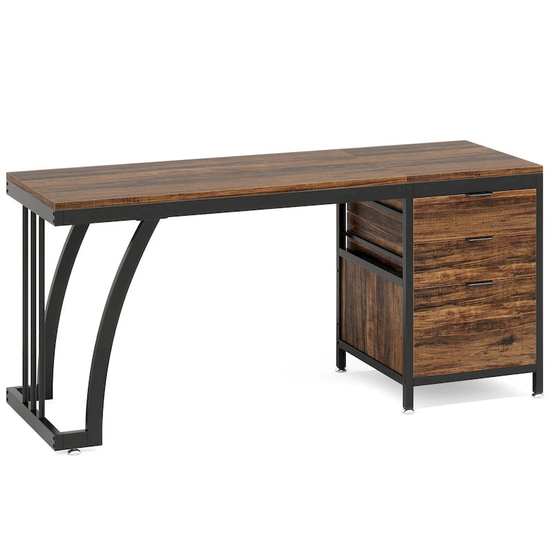Bureau d'ordinateur/table d'écriture en bois et métal de 150 cm avec 3 tiroirs réversibles