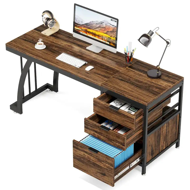 Bureau d'ordinateur/table d'écriture en bois et métal de 150 cm avec 3 tiroirs réversibles