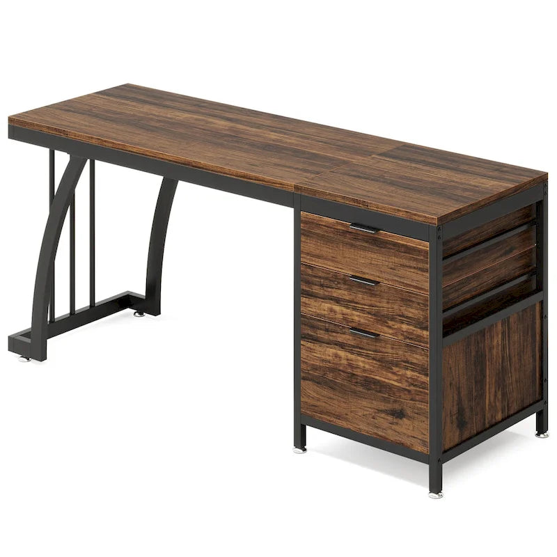 Bureau d'ordinateur/table d'écriture en bois et métal de 150 cm avec 3 tiroirs réversibles
