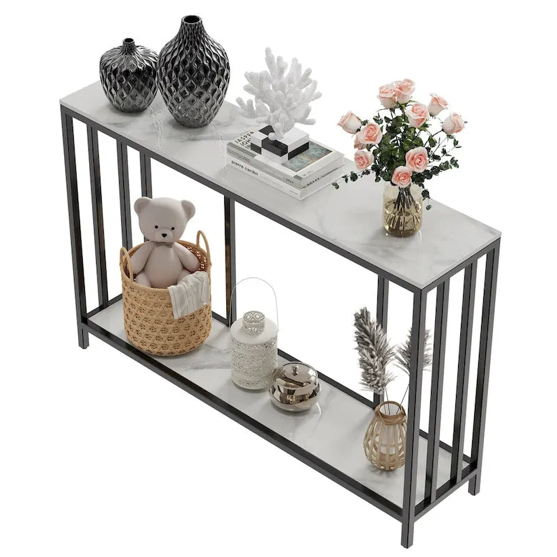 Console en Marbre à 2 Niveaux avec Cadre Métallique, Table de Rangement pour Canapé - 120x30x78 cm