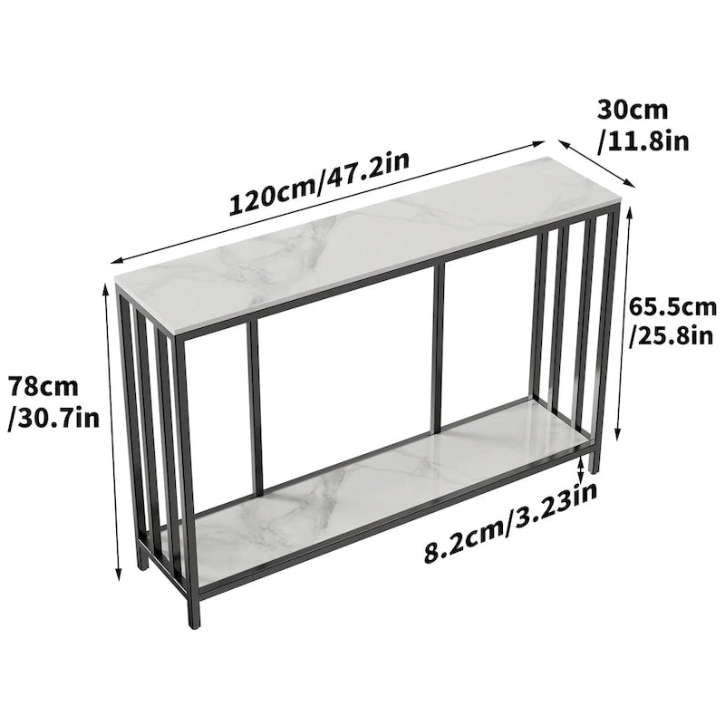 Console en Marbre à 2 Niveaux avec Cadre Métallique, Table de Rangement pour Canapé - 120x30x78 cm