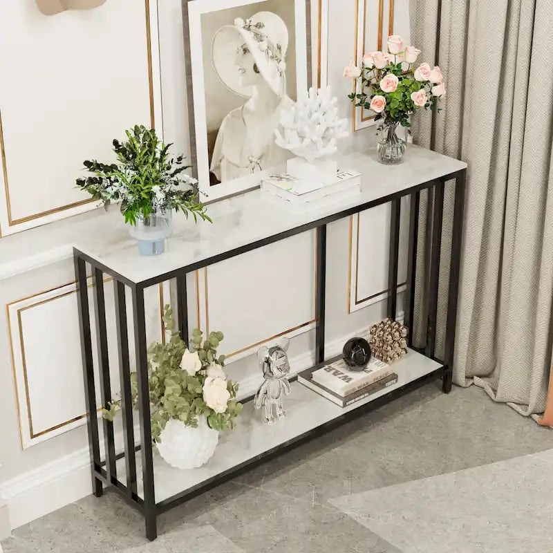 Console en Marbre à 2 Niveaux avec Cadre Métallique, Table de Rangement pour Canapé - 120x30x78 cm
