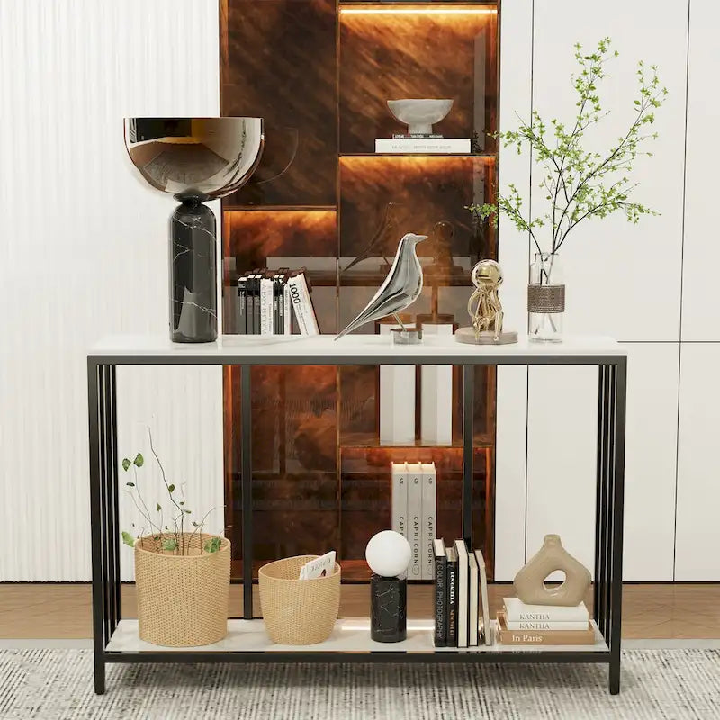 Console en Marbre à 2 Niveaux avec Cadre Métallique, Table de Rangement pour Canapé - 120x30x78 cm