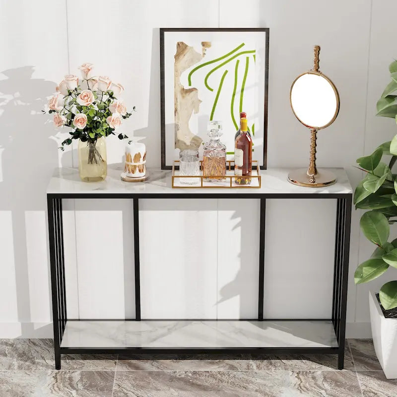 Console en Marbre à 2 Niveaux avec Cadre Métallique, Table de Rangement pour Canapé - 120x30x78 cm