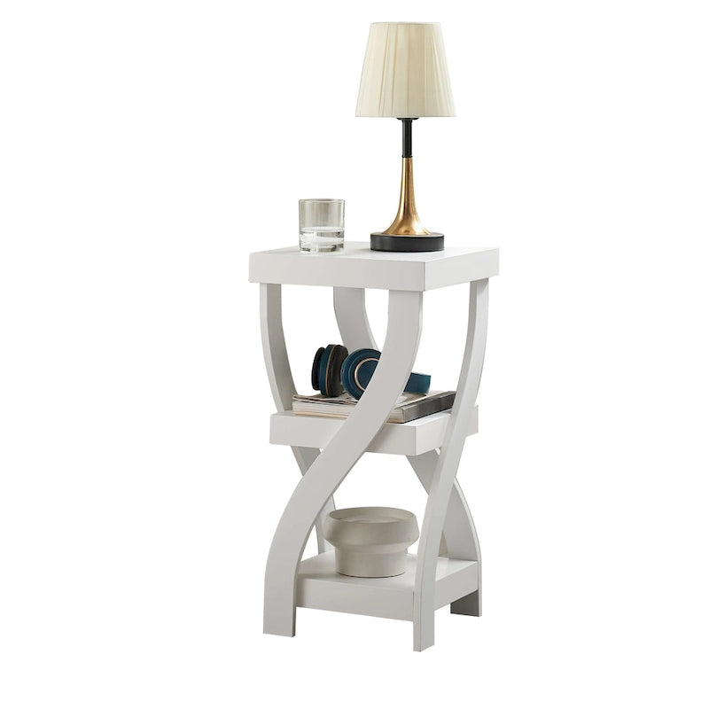 Table d'appoint, table de chevet d'appoint avec pieds courbés et étagères de rangement, blanc
