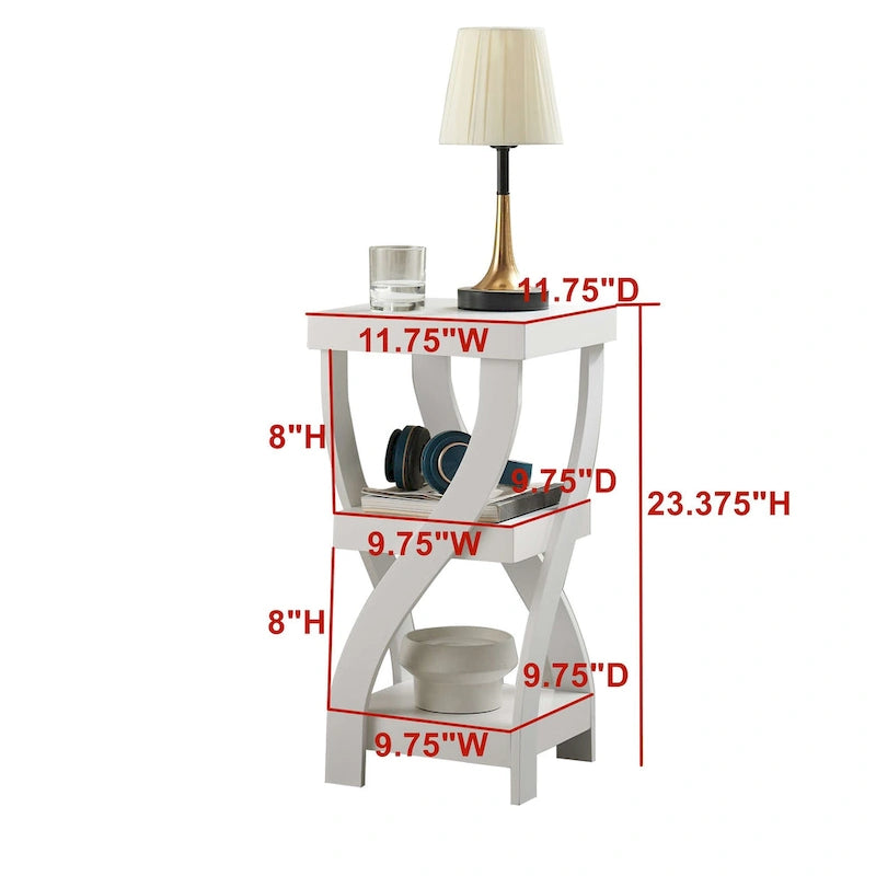 Table d'appoint, table de chevet d'appoint avec pieds courbés et étagères de rangement, blanc