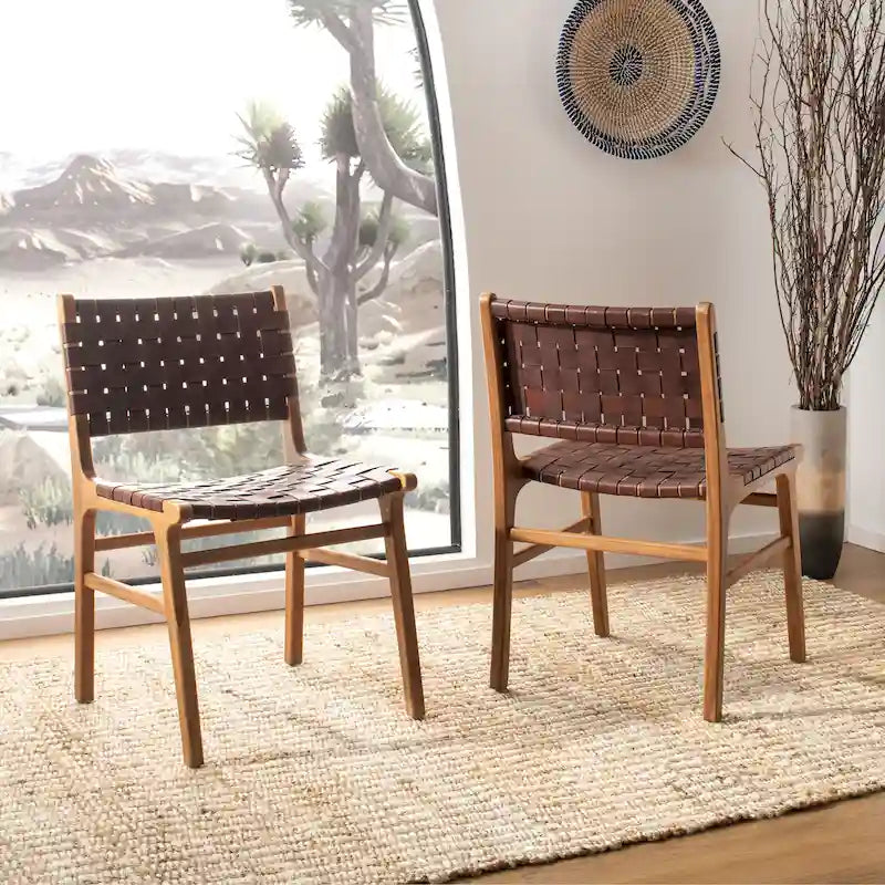 Chaise de salle à manger Hildred en cuir tressé - Cognac / Naturel - 20L x 22P x 33H
