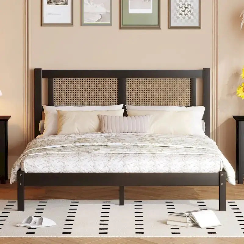 Lit plateforme en bois Queen Size avec tête de lit en rotin naturel, élégance exquise et charme minimaliste