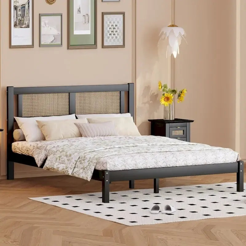 Lit plateforme en bois Queen Size avec tête de lit en rotin naturel, élégance exquise et charme minimaliste