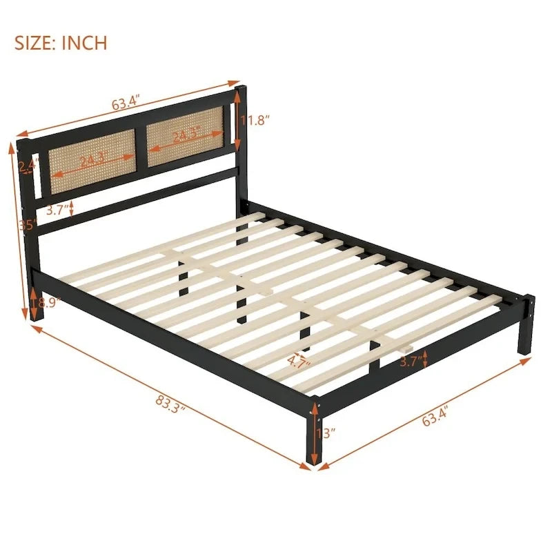 Lit plateforme en bois Queen Size avec tête de lit en rotin naturel, élégance exquise et charme minimaliste