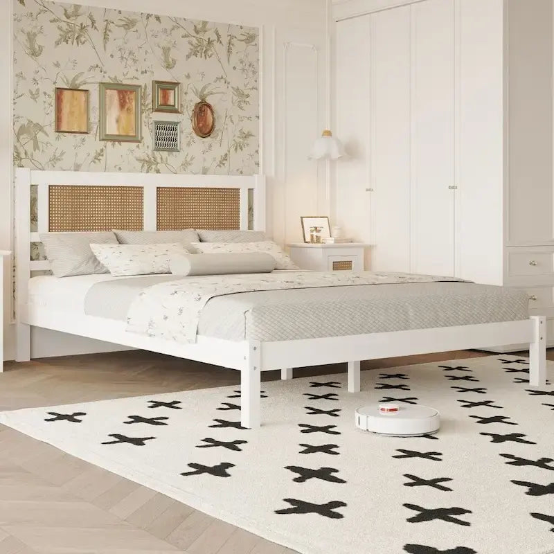 Lit plateforme en bois Queen Size avec tête de lit en rotin naturel, élégance exquise et charme minimaliste
