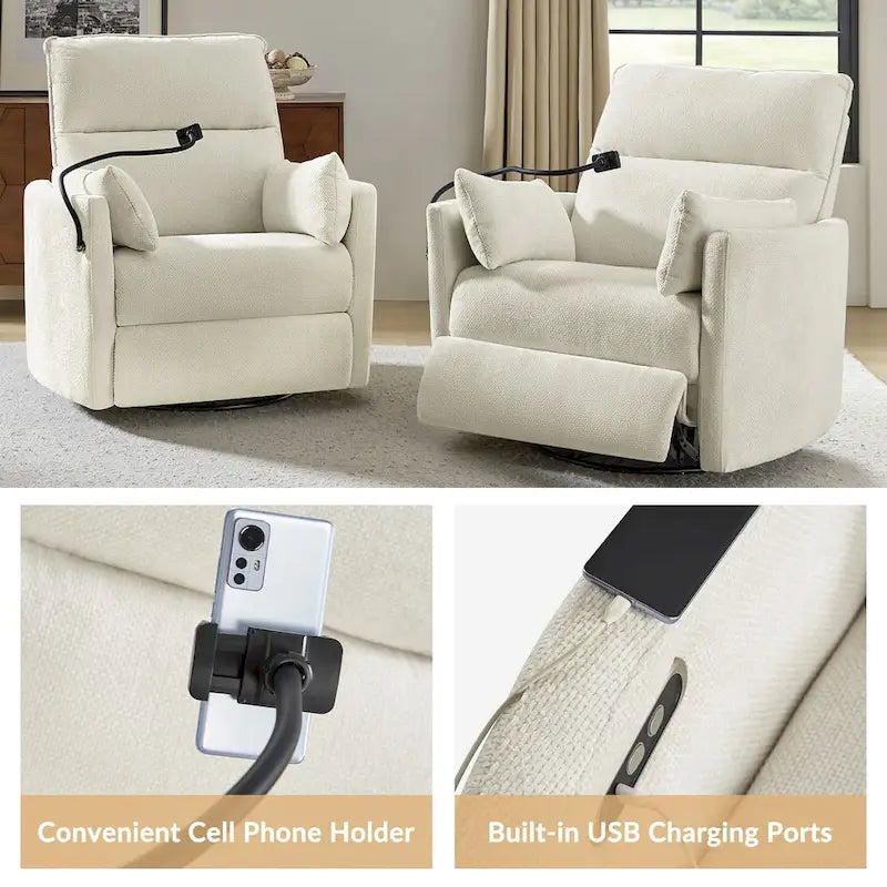 Fauteuil inclinable moderne 38 Power Rocking Swivel pour chambre de bébé avec ports USB