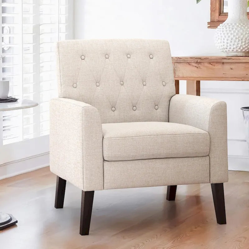  Mid-Century Modern Upholstered Linen Fabric Button Tufted Accent Chair - 28.5 W X 27.25 D X 33.75 H