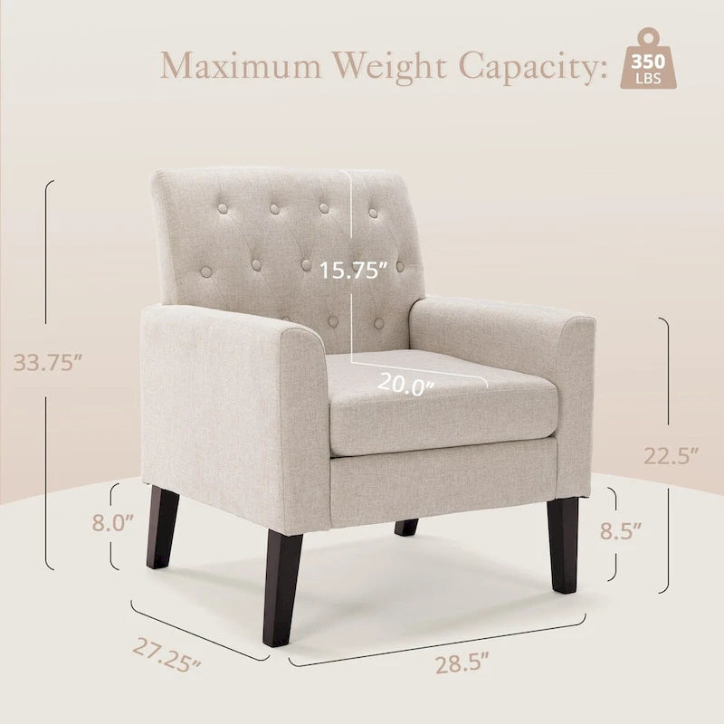 Fauteuil d'appoint capitonné en tissu de lin, style Mid-Century Modern - 28,5 L X 27,25 P X 33,75 H