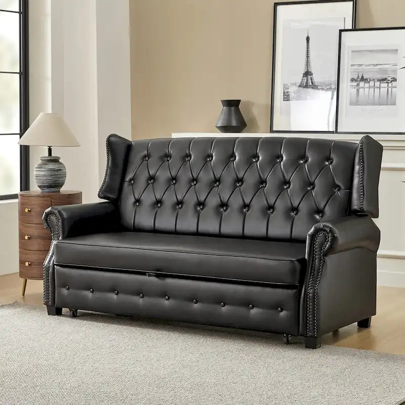 Canapé convertible 73,6 po en cuir végétalien de style transitoire avec dossier touffeté et garniture cloutée