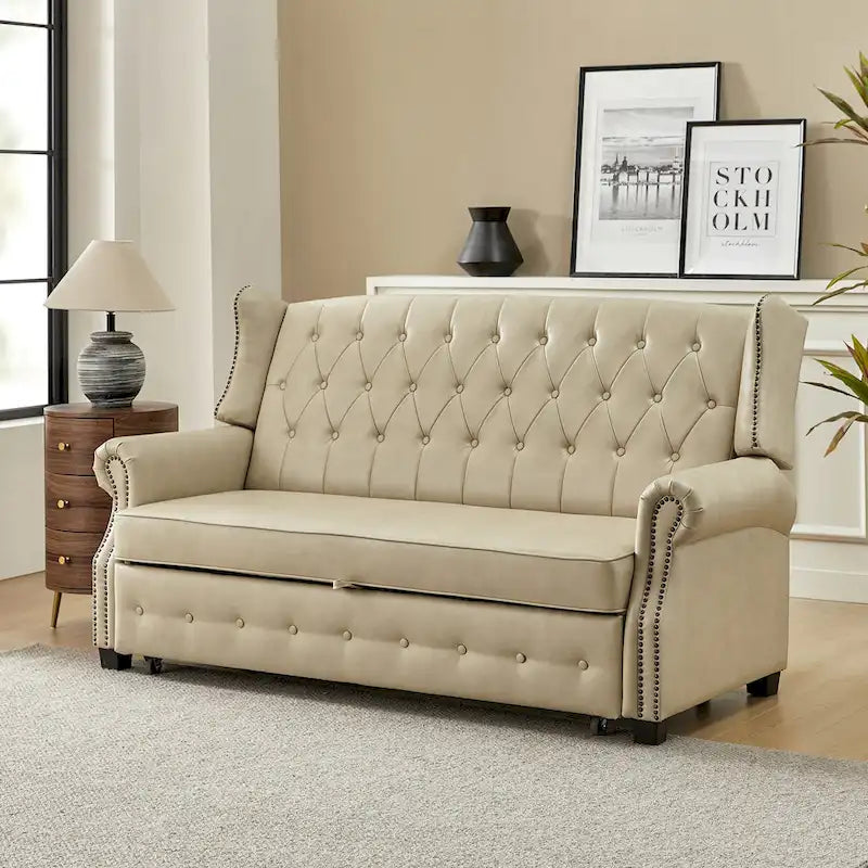 Ruedi Transitional 73.6 Vegan Leather Sofa Bed with Tufted Back and Nailhead by 